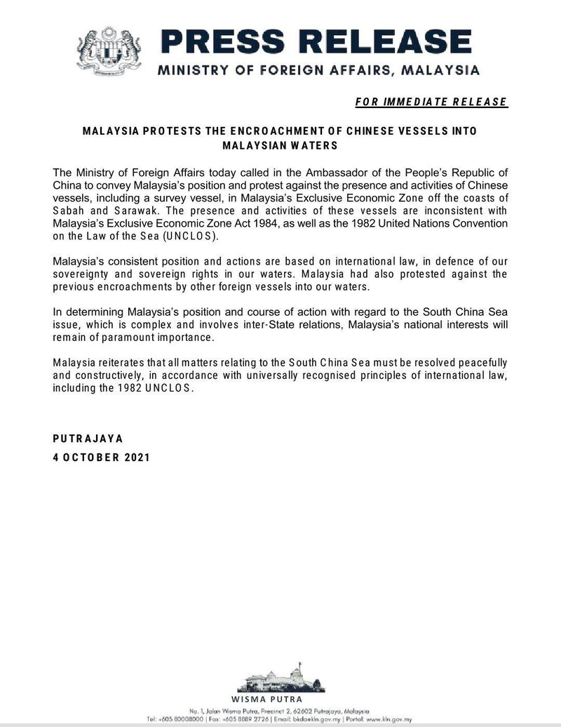Thông cáo phản đối tàu Trung Quốc xâm phạm vùng đặc quyền kinh tế Malaysia của Bộ Ngoại giao nước này (Ảnh: ETtoday).