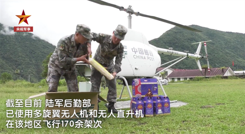 Lục quân Trung Quốc sử dụng UAV trực thăng AR-500 để tiếp tế vật tư, hàng hóa cho các chốt tiền tiêu ở biên giới Trung - Ấn (Ảnh: CCTV).