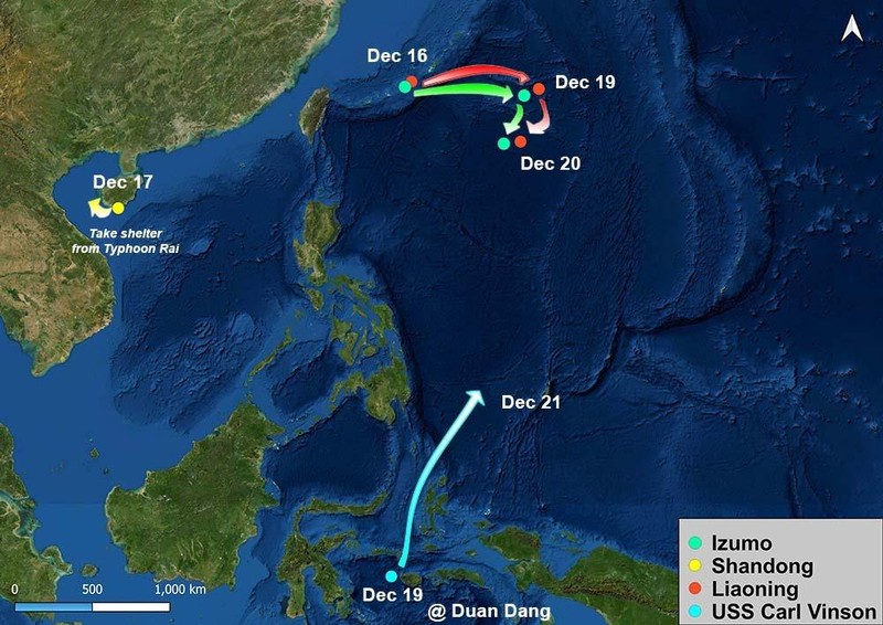 Sơ đồ cho thấy tàu Izumo bám sát tàu Liêu Ninh từ ngày 16 đến 20/12/2021 (Ảnh: Thedrive).