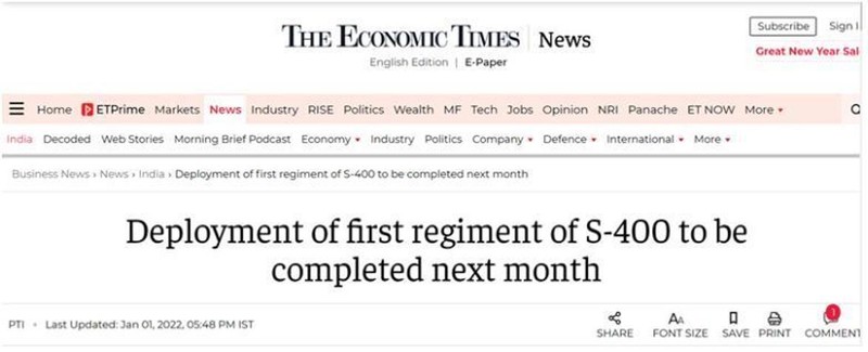 Báo Ấn Độ The Economic Times đưa tin về việc Quân đội triển khai hệ thống S-400 ở gần biên giới Trung Quốc và Pakistan (Ảnh: Sina). Báo Ấn Độ The Economic Times đưa tin về việc Quân đội triển khai hệ thống S-400 ở gần biên giới Trung Quốc và Pakistan (Ảnh: Sina).