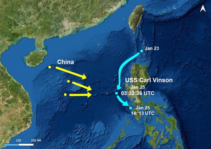 Khu vực hoạt động của chiếc USS Carl Vinson trên Biển Đông, có thể là nơi chiếc F-35C bị rơi xuống biển (Ảnh: @ Duan Dang).