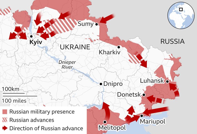 Cuộc xung đột Nga-Ukraine được Mỹ đặc biệt quan tâm nhưng Trung Quốc không nhắc đến (Ảnh: Bản đồ BQP Anh).