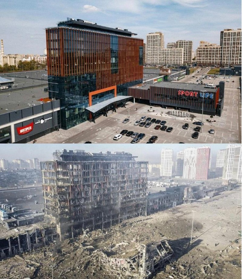 Khu vực tòa nhà trước và sau khi bị trúng tên lửa của Nga (Ảnh: Reuters).