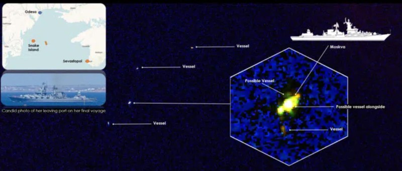 Hình ảnh vệ tinh chụp tàu Moskva đang cháy và vị trí nơi tàu bị chìm. Hình ảnh vệ tinh chụp tàu Moskva đang cháy và vị trí nơi tàu bị chìm.