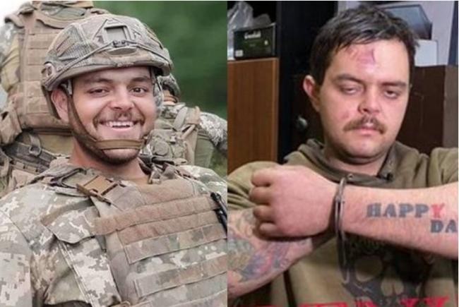 Aizeen Aslin khi khoác áo lính Azov và sau khi bị bắt (phải). Aizeen Aslin khi khoác áo lính Azov và sau khi bị bắt (phải).