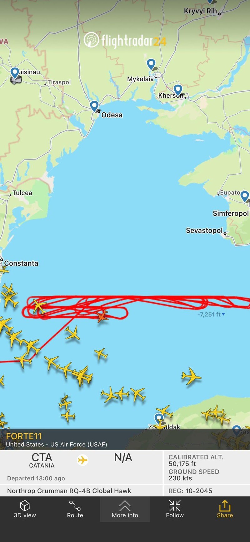 Sơ đồ đường bay của chiếc UAV RQ-4B của Không quân Mỹ thời điểm xảy ra vụ việc, theo trang Flightrada.