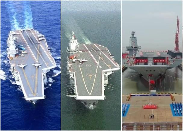 Ba tàu sân bay của Trung Quốc (từ trái qua): Liêu Ninh, Sơn Đông, Phúc Kiến.