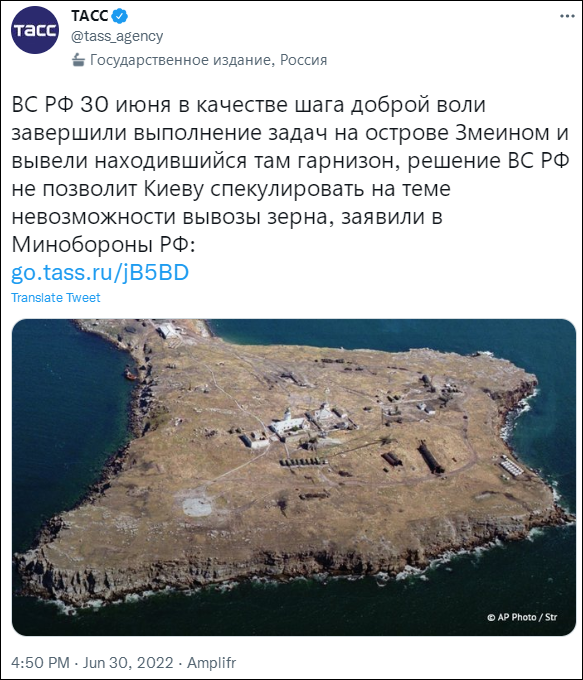 Hãng tin TASS đưa tin Nga rút quân khỏi Đảo Rắn.