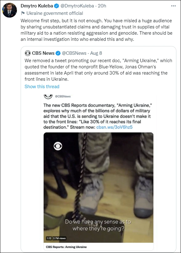Ngoại trưởng Dmitry Kuleba viết tweet chỉ trích CBS và yêu cầu điều tra việc sản xuất bộ phim "Arming Ukraine”. Ngoại trưởng Dmitry Kuleba viết tweet chỉ trích CBS và yêu cầu điều tra việc sản xuất bộ phim "Arming Ukraine”.