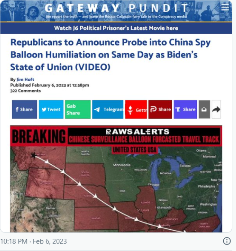 Bài viết của Gateway Pundit về hành trình của "khí cầu do thám" Trung Quốc.
