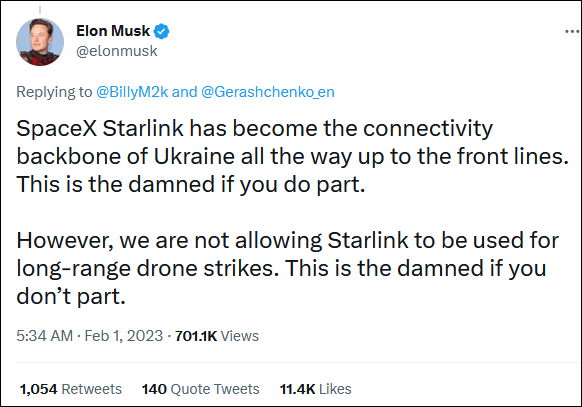 Ngày 1/2, ông Elon Musk viết tweet nói SpaceX "không cho phép Ukraine sử dụng ‘Starlink’ cho các cuộc tấn công bằng máy bay không người lái tầm xa." Ngày 1/2, ông Elon Musk viết tweet nói SpaceX "không cho phép Ukraine sử dụng ‘Starlink’ cho các cuộc tấn công bằng máy bay không người lái tầm xa."