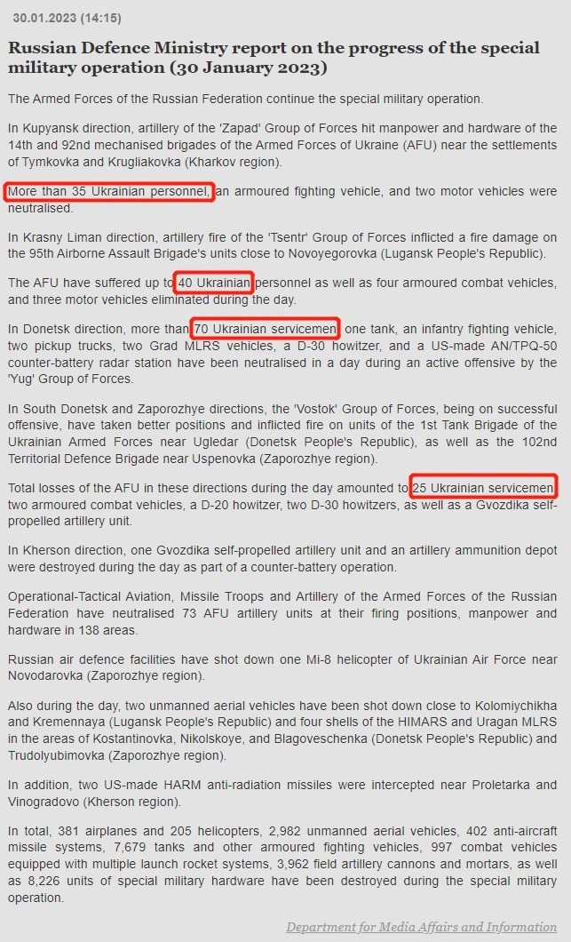 Báo cáo tình hình chiến sự hàng ngày (ngày 30/1) của Quân đội Nga công bố cho báo chí.