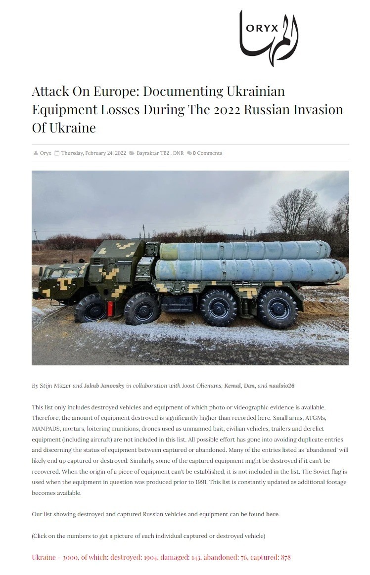 Tổng hợp số liệu thiệt hại hai bên của Oryx. (Ảnh: QQ).