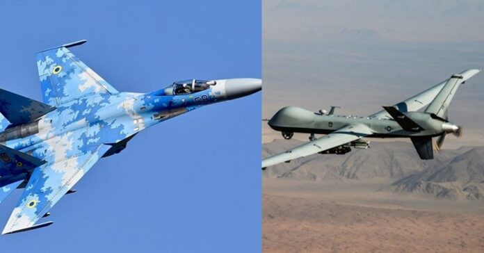 Phía Mỹ cho rằng chiếc Su-27 của Nga (trái) đã đâm va vào cánh quạt của chiếc MQ-9 khiến nó bị rơi (Ảnh: news.seehua). Phía Mỹ cho rằng chiếc Su-27 của Nga (trái) đã đâm va vào cánh quạt của chiếc MQ-9 khiến nó bị rơi (Ảnh: news.seehua).