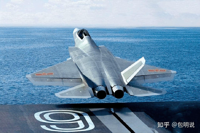 Hình ảnh mô tả J-35 cất cánh kiểu nhảy cầu từ tàu sân bay Liêu Ninh. Ảnh: Zhihu.
