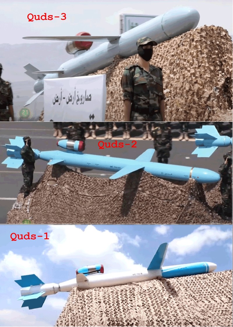 Tên lửa hành trình tầm xa Quds phiên bản 1, 2, 3. Houthi đã sử dụng để tấn công sâu vào lãnh thổ Ả rập Xê út. Ảnh South Front. Tên lửa hành trình tầm xa Quds phiên bản 1, 2, 3. Houthi đã sử dụng để tấn công sâu vào lãnh thổ Ả rập Xê út. Ảnh South Front.