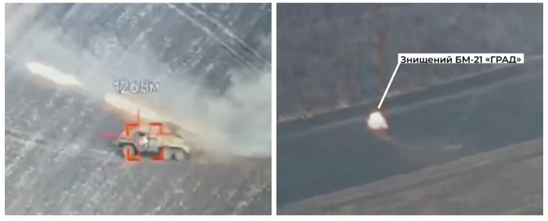 UAV RAM – II phá hủy pháo phản lực Grad (MLRS). Tháng 3/2023. Ảnh Military Portal Ukraine.