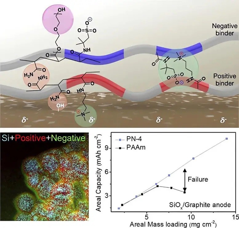 Vật liệu polymer kết dính phân lớp tích điện trên bề mặt cực dương Si. Ảnh minh họa ScitechDaily.