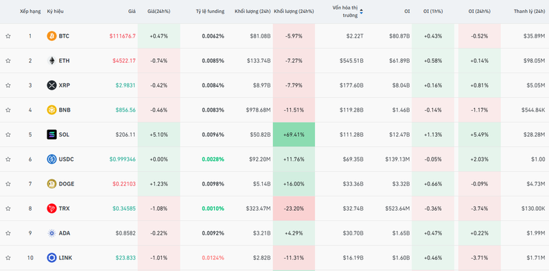 10 đồng tiền mã hoá lớn nhất. Ảnh: Coin Glass.