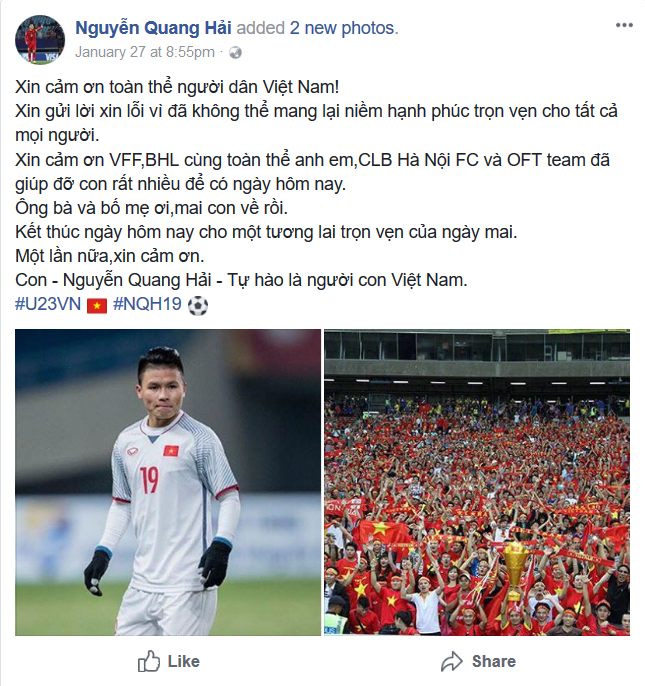 Quang Hải cũng gửi lời cảm ơn đến gia đình và người hâm mộ