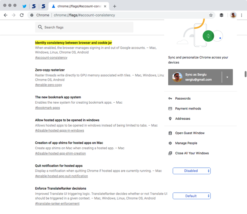 Trên thanh địa chỉ, hãy điền "chrome://flags/#account-consistency" rồi vô hiệu hóa “Identity consistency between browser and cookie jar” để chặn quyền liên kết tự động giữa Chrome 69 và tài khoản Google. Ảnh: Softpedia