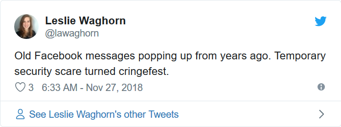 Tài khoản @lawaghorn nói: "Các tin nhắn Facebook từ nhiều năm về trước đang xuất hiện trở lại. Mối lo ngại bảo mật trên Facebook đang trở nên thật tồi tệ". Ảnh: Twitter