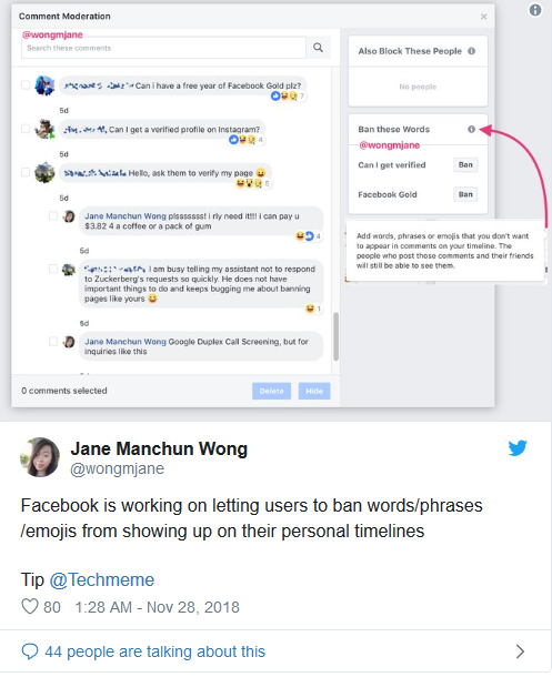 Bài đăng trên trang cá nhân Jane Manchun Wong báo hiệu về tính năng chặn từ đang được thử nghiệm của Facebook . Ảnh: Cnet
