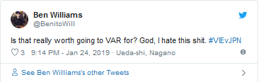 Tài khoản Ben Williams: Tình huống đó có thực sự xứng đáng để sử dụng VAR hay không? Chúa ơi, tôi ghét điều ngớ ngẩn này.