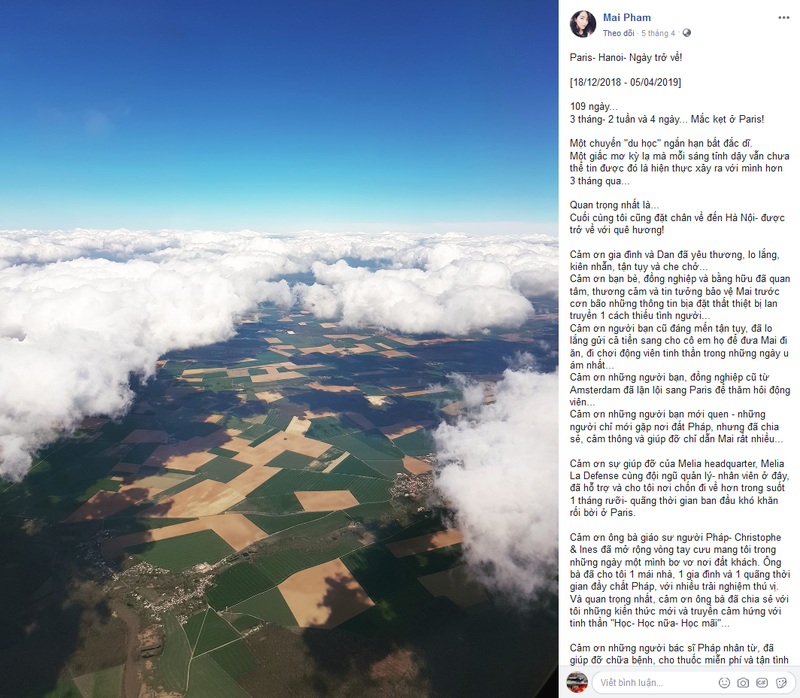 Bài đăng được chị Mai chia sẻ trên trang Facebook cá nhân trong ngày về nước. Ảnh chụp màn hình
