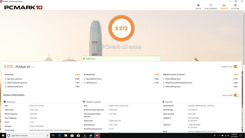 Điểm kiểm tra PCMark trên GX701. Điểm kiểm tra PCMark trên GX701.