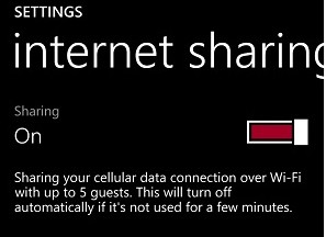 Phát WiFi bằng điện thoại Windows: Vuốt trái màn hình và chọn Settings => Internet sharing => On (gạt nút sang phải).