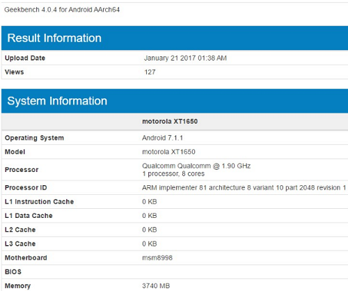 Cấu hình của Moto Z xuất hiện trên trang Benchmark