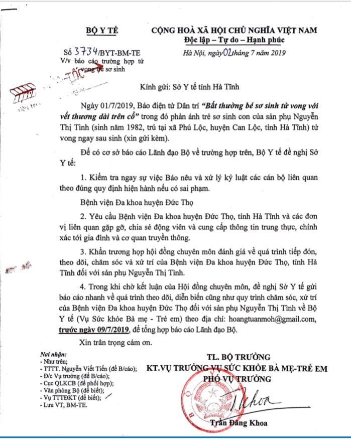 Công văn hỏa tốc của Bộ Y tế gửi Sở Y tế Hà Tĩnh hôm nay