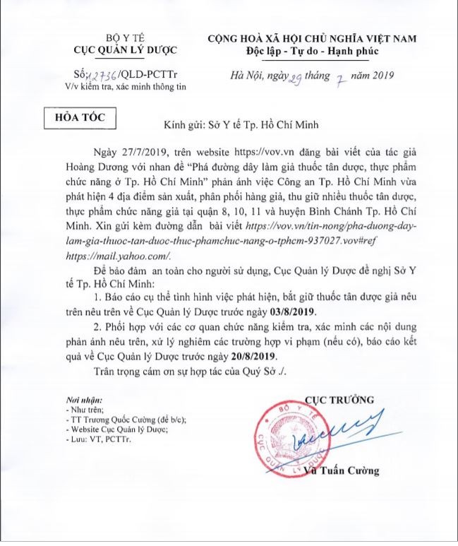 Công văn hỏa tốc của Cục Quản lý Dược (Bộ Y tế)