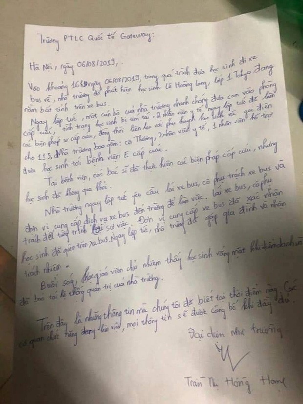 Văn bản viết tay do bà Trần Thị Hồng Hạnh – Chủ tịch Hội đồng nhà trường– ký