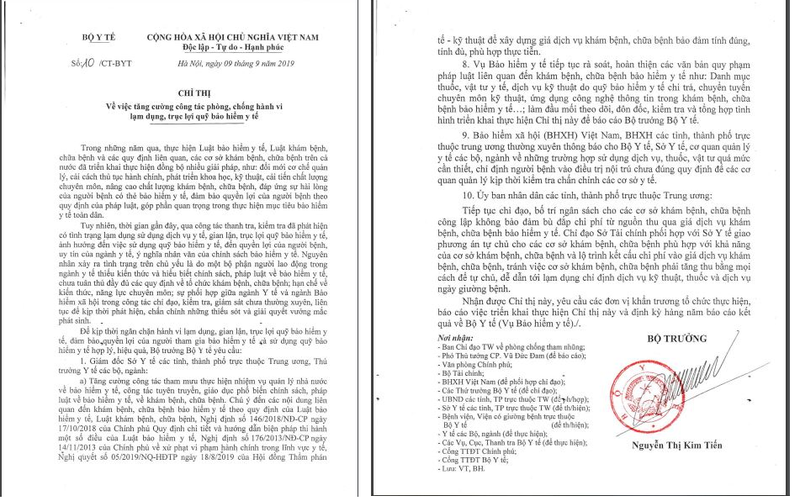 Chỉ thị của Bộ trưởng Bộ Y tế về ngăn chặn tình trạng lạm dụng, trục lợi quỹ BHYT