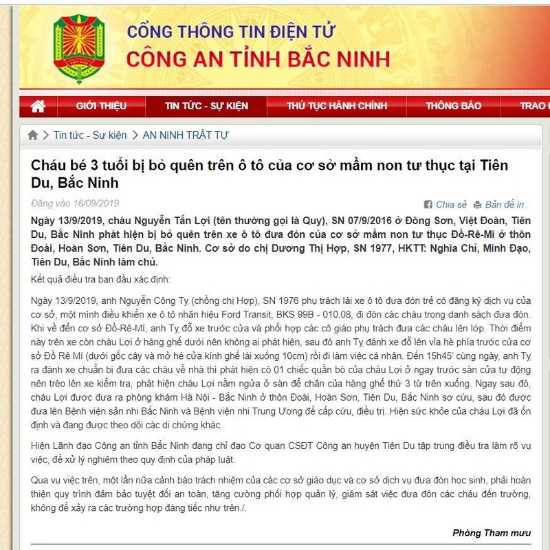 Thông tin chính thức của Công an tỉnh Bắc Ninh về vụ việc cháu bé 3 tuổi bị bỏ quên trên ô tô Thông tin chính thức của Công an tỉnh Bắc Ninh về vụ việc cháu bé 3 tuổi bị bỏ quên trên ô tô