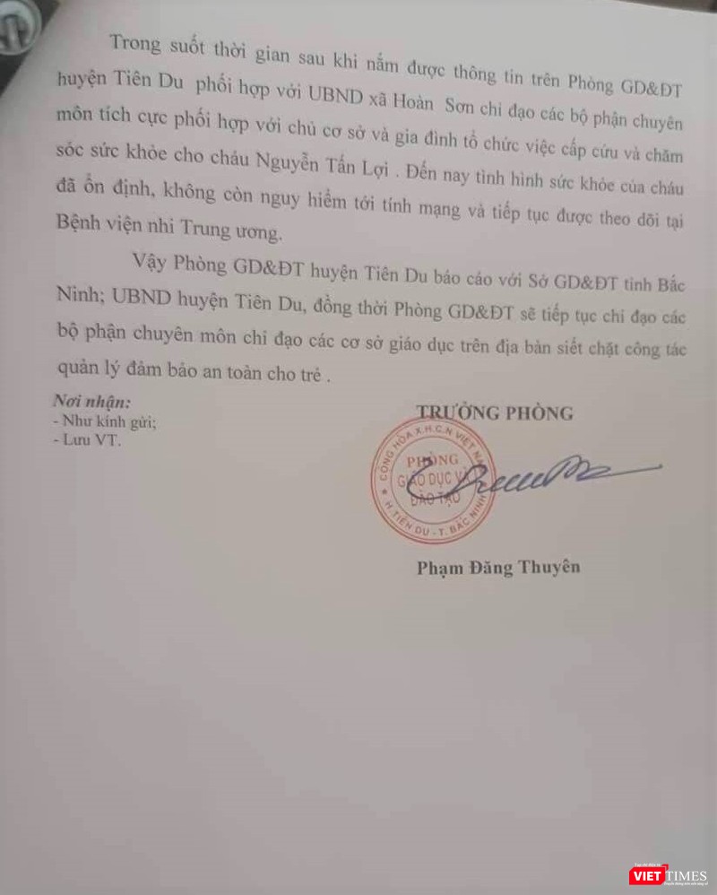 Báo cáo của Phòng GD&ĐT huyện Tiên Du về vụ việc bỏ quên trẻ 3 tuổi trên xe ô tô đưa đón