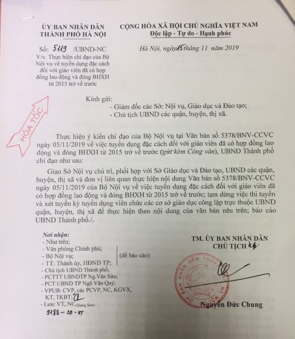 Công văn hỏa tốc của UBND TP. Hà Nội 