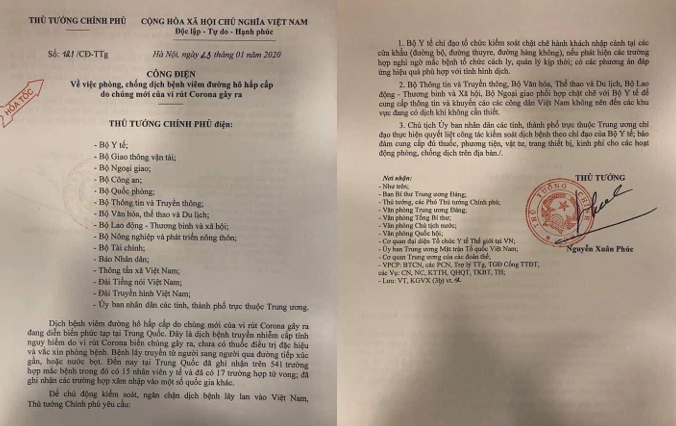 Công điện của Thủ tướng Chính phủ về việc phòng, chống dịch bệnh viêm đường hô hấp do chủng mới của virus Corona gây ra. Công điện của Thủ tướng Chính phủ về việc phòng, chống dịch bệnh viêm đường hô hấp do chủng mới của virus Corona gây ra.