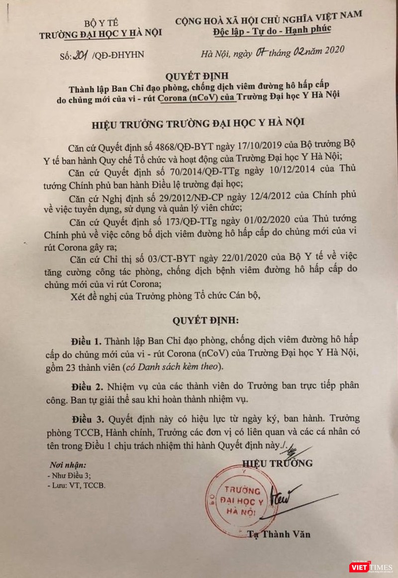 Quyết định thành lập Ban Chỉ đạo phòng, chống dịch viêm đường hô hấp cấp do chủng mới của virus Corona (nCoV) 