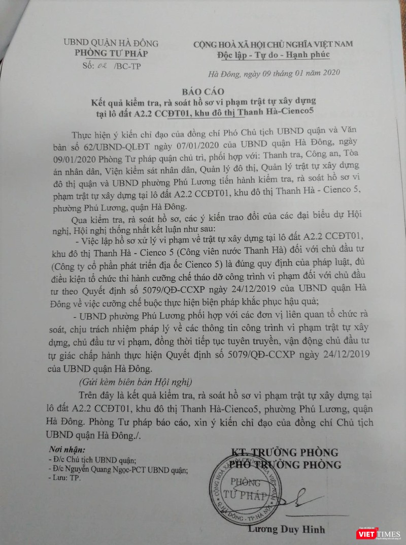 Trước khi ra quyết định cưỡng chế, liên ngành của UBND quận Hà Đông đã họp để kiểm tra rà soát hồ sơ vi phạm trật tự xây dựng tại Công viên Thanh Hà