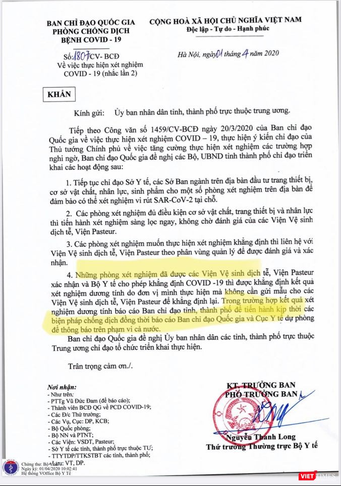 Thứ trưởng Thường trực Bộ Y tế Nguyễn Thanh Long đã ký công văn khẩn “về việc thực hiện xét nghiệm COVID-19” Thứ trưởng Thường trực Bộ Y tế Nguyễn Thanh Long đã ký công văn khẩn “về việc thực hiện xét nghiệm COVID-19”