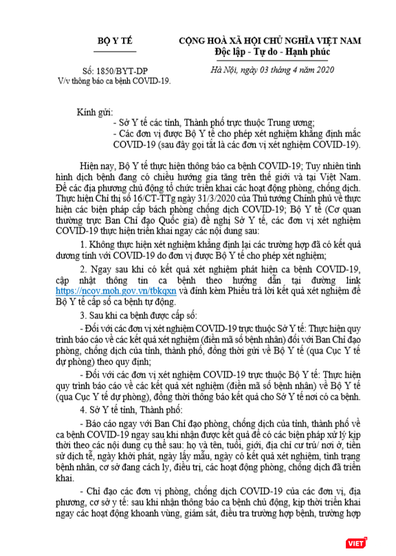 Văn bản về việc thông báo các ca bệnh COVID-19 của Bộ Y tế Văn bản về việc thông báo các ca bệnh COVID-19 của Bộ Y tế