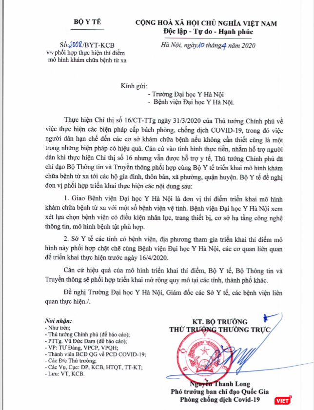 Bộ Y tế chọn Bệnh viện Đại học Y Hà Nội để triển khai thí điểm mô hình khám, chữa bệnh từ xa