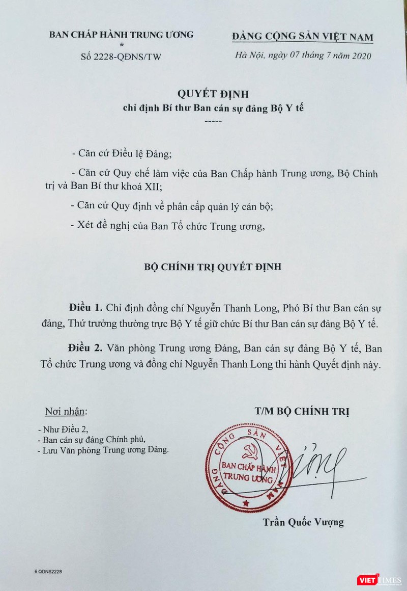 Quyết định của Bộ Chính trị chỉ định GS. Nguyễn Thanh Long giữ chức Bí thư Ban Cán sự Đảng Bộ Y tế. Quyết định