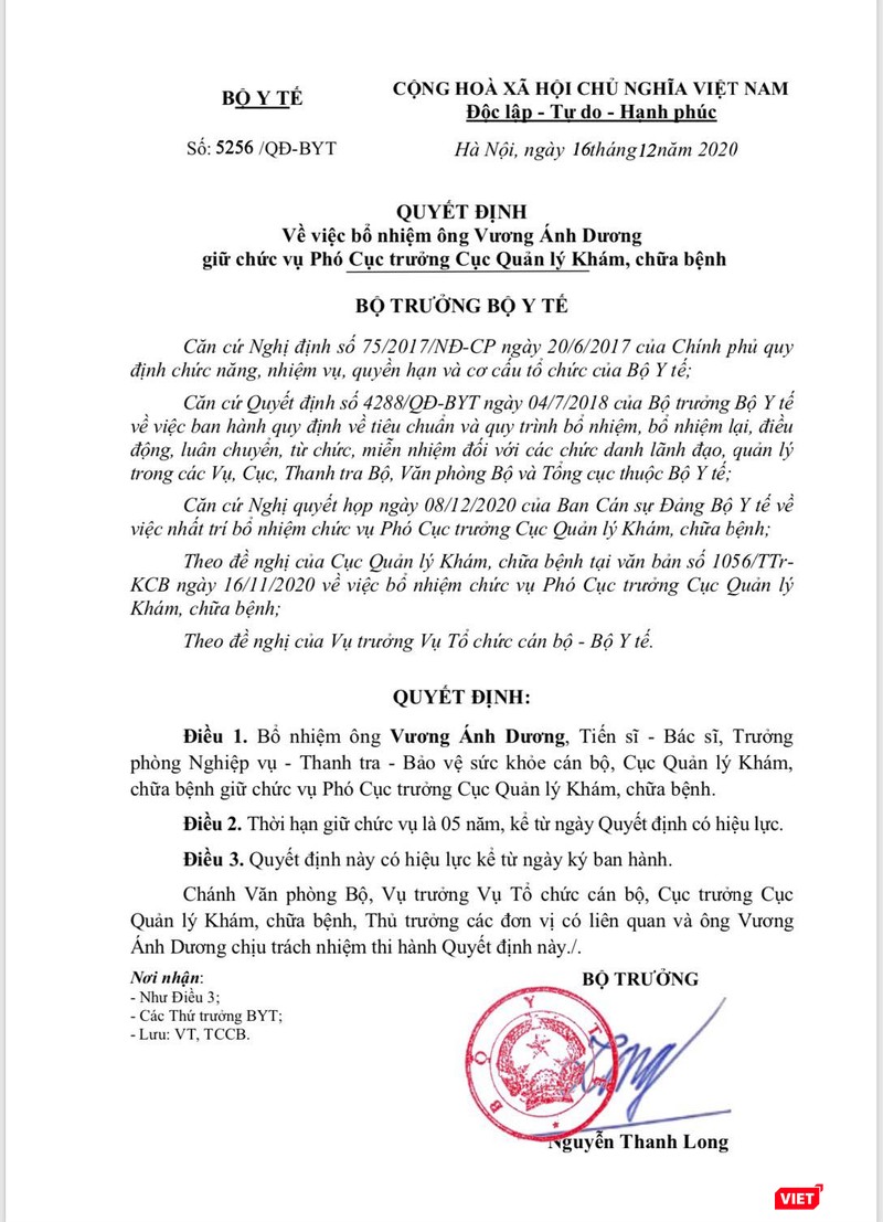 Quyết định bổ nhiệm TS. Vương Ánh Dương do Bộ trưởng Bộ Y tế Nguyễn Thanh Long ký
