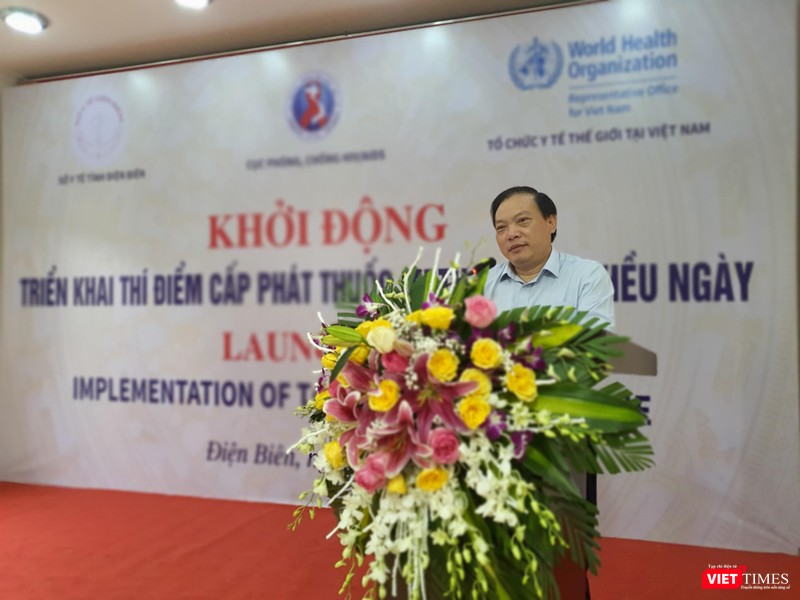 TS. Hoàng Đình Cảnh - Phó Cục trưởng Cục Phòng, chống HIV/AIDS (Bộ Y tế) - phát biểu tại sự kiện khởi động cấp phát thuốc Methadone nhiều ngày cho người bệnh điều trị nghiện các chất dạng thuốc phiện ở tỉnh Điện Biên sáng nay, 5/4.