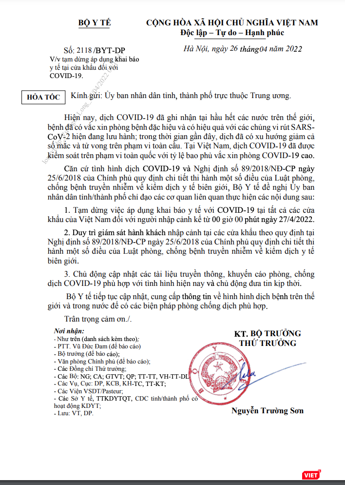 Công văn hoả tốc của Bộ Y tế về việc dừng khai báo y tế với COVID-19