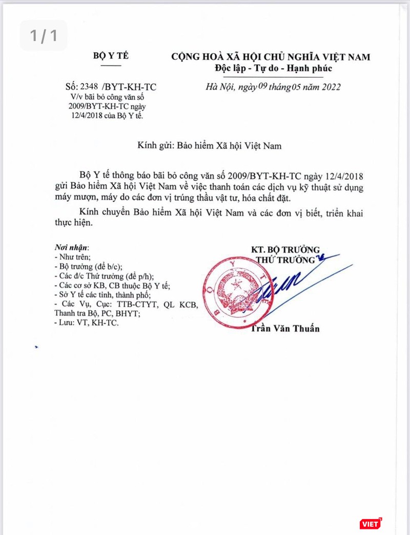 Công văn của Bộ Y tế bãi bỏ công văn 2009 về thanh toán các dịch vụ kỹ thuật sử dụng máy mượn.